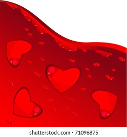 Red hearts floating in the liquid red with bubbles. Wine or blood. Background. Valentine's Day.