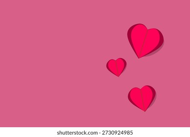 Corações vermelhos flutuando em cor-de-rosa ilustração de fundo simbolizando amor, romance, afeto, emoção e namorados em design simples e plano moderno
