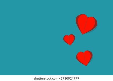 Corações vermelhos flutuando no fundo azul-petróleo ilustração simbolizando amor, romance, afeto, emoção e namorados em design simples e plano moderno
