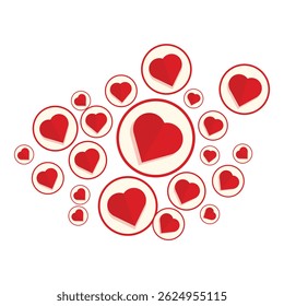 Red hearts are floating on a white background creating a festive valentine's day background