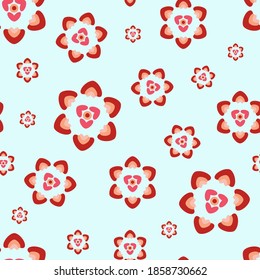 Red hearts flower pattern on blue background. Vector seamless texture. For wrapping paper, wallpaper, textile, gift bags.