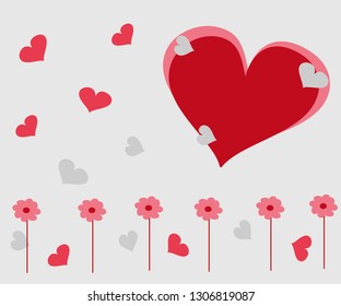 Red hearts and flowers on a white background on Valentine's Day.
