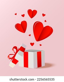 Red hearts fly from the gift box. Valentine's greeting background.