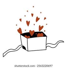 Red hearts fly out of the box. Hand drawing. Flat vector illustration, eps10