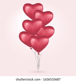 Red hearts, flying bunch of red balloons. Happy Valentines Day, Party decorations. Vector