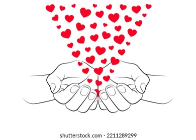 Red hearts are flying out from cupped palms, isolated over white background. Concept of giving assistance and help, emotional support, charity and thankfulness