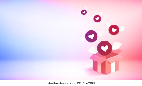Red hearts flying with the wings. 3d vector banner with copy space