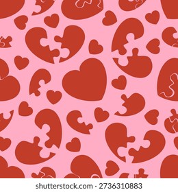 Red hearts in form of disassembled puzzle pieces seamless pattern. Romantic relationship. Divorce and broken love. Valentine repeated print. Wedding jigsaw connection. Amour game. Vector background