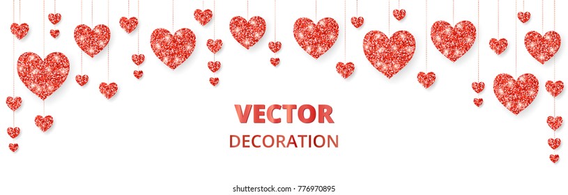 Red hearts frame, border. Vector glitter isolated on white. Great for decoration of Valentine and Mothers day cards, wedding invitations, party posters and flyers, website and social media headers.