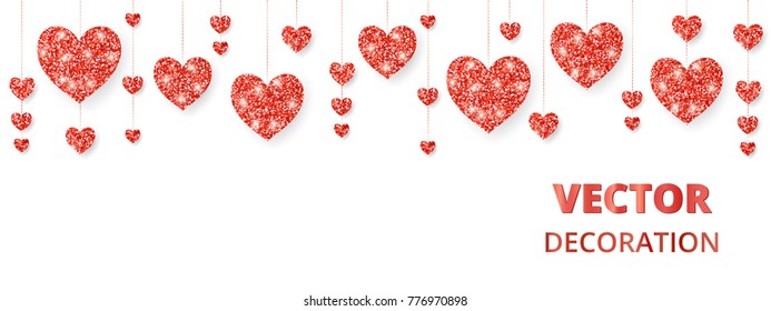 Red hearts frame, border. Vector glitter isolated on white. Great for decoration of Valentine and Mothers day cards, wedding invitations, party posters and flyers, website and social media headers.