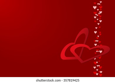 Red hearts frames are slant in the right side of the vector. Column of many small hearts is in  the right  edge of the vector. Everything is on a red background with light in the upper left corner.