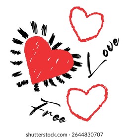 Red hearts and free love quotes hand drawing for t-shirt print. Love vector illustration valentine decoration on white background, Love lettering with heart shape vector. apparel, sticker, poster