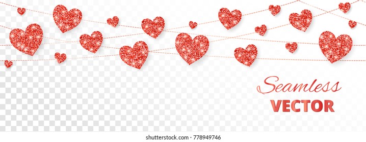 Red hearts garland, seamless border. Vector glitter isolated on white. Great for decoration of Valentine and Mothers day cards, wedding invitations, party posters and flyers, website headers.