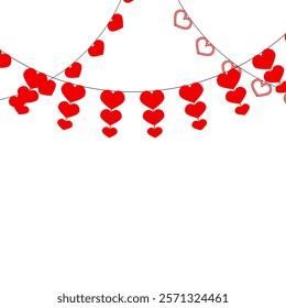 Red hearts garlands pennants to valentine day event celebrating, festive hanging and string ornament, decor celebration, party holiday, romance cheerful, vector illustration