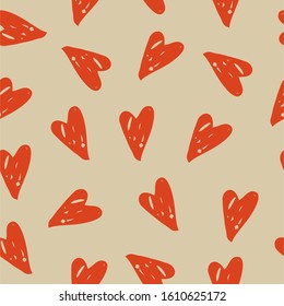 Red hearts geometric seamless pattern, vector on beige background, digital. For printing on textiles, greeting cards, confessions for Valentine's Day, holiday packaging. Background for social media.