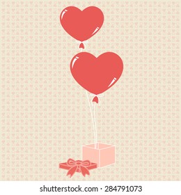 Red hearts in gift box. Wedding card