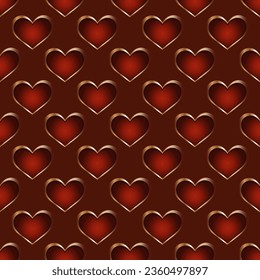 corazones rojos con un borde dorado sobre un fondo marrón. patrón monocromo sin fisuras. cubierta. imprimir. ilustración vectorial