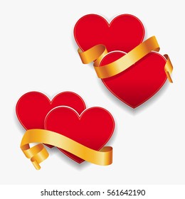 Red hearts with gold ribbons. Vector illustration. Template for valentines day or weddings design