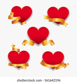 Red hearts with gold ribbons. Vector illustration. Template for valentines day or weddings design