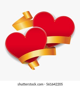 Red hearts with gold ribbons. Vector illustration. Template for valentines day or weddings design