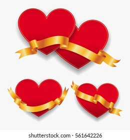 Red hearts with gold ribbons. Vector illustration. Template for valentines day or weddings design