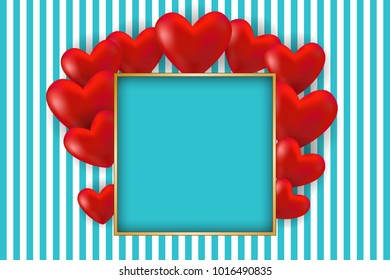 Red hearts and golden frame with space for text. Vector illustration EPS10 for Valentines, Wedding, Greeting Card