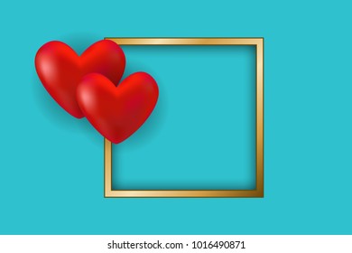 Red hearts and golden frame with space for text. Vector illustration EPS10 for Valentines, Wedding, Greeting Card