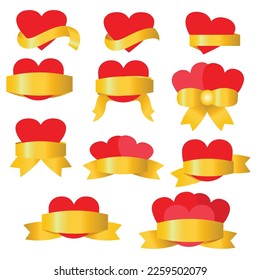 Red hearts with golden ribbons