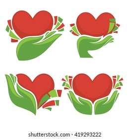 red hearts and green hands, vector icons and emblems