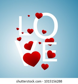 Red hearts greeting postcard on blue background. Valentine background. Vector illustration. Love postcard.