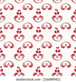 Red hearts grunge style seamless vector pattern background. Valentine heart painterly backdrop with mix of love heart icons. Hand drawn romantic modern funky repeat for romance celebration