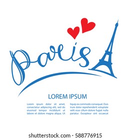 Red hearts and hand drawn letters with Eiffel Tower isolated on white background. Romantic design element for flyers or banners.