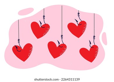 Red hearts hanging on hooks of fishing rods as metaphor for traps for people seeking romantic relationships and love connections. concept of finding soul mate for romantic relationships and marriage 