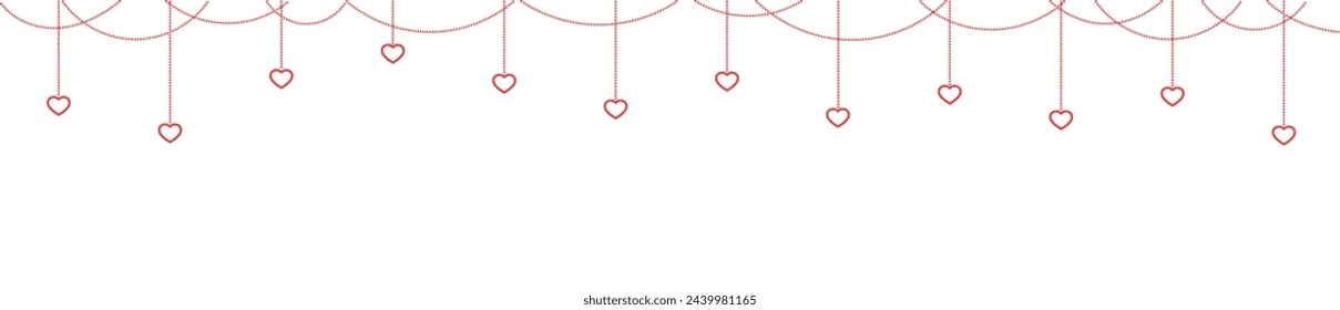 Corazones rojos colgando de las cuerdas, guirnalda, borde horizontal con ilustración de espacio de copia. Vector de estilo plano. Diseño geométrico abstracto. Amor, concepto de romance. Banner del día de San Valentín, Día de las Madres