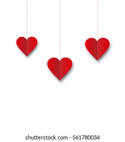 Red hearts hanging on strings on white background. Valentine s Day card - vector