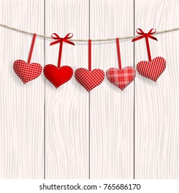 Red hearts hanging over wood background. Happy valentine's day. Space for your text. Vector illustration