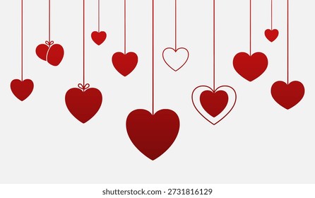 Red hearts hanging from strings on a white background, varying in size and style.