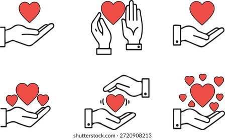 Corazones rojos sostenidos por las manos en varios estilos del icono que sostienen