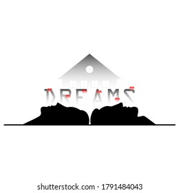 Red hearts and house. Silhouettes of the faces of man and woman and the word dreams. Vector illustration.