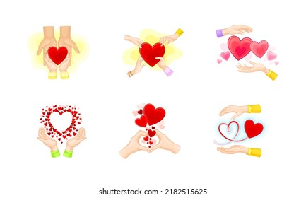 Red hearts in human hands set. People sharing love. Charity, philanthropy, support vector illustration