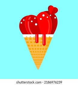 red hearts ice cream cone blue background. Paper cut love, Paper cut background.