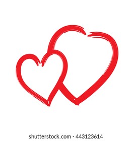Red hearts icon. Brush texture shape sign isolated on white background. Symbol of romantic, love, passion. Drawing design element for Valentine day, holiday or greeting, decoration Vector illustration