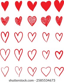 Red hearts icon collection. Hand drawn love symbol. Valentine red heart shape isolated on white background