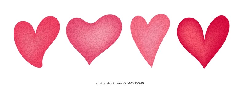 Red Hearts icon set. Hand drawn Gradient Heart shapes with grain noise texture. Collection of modern love symbol icons. Romantic Design Element. Vector illustration