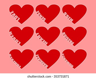 Red hearts icons with cutout relative words on it. Collection relative to valentines day