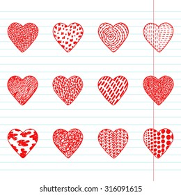 Red Hearts icons. Hearts Set. Hand drawn doodles Vector illustration. Happy Valentine's day. 