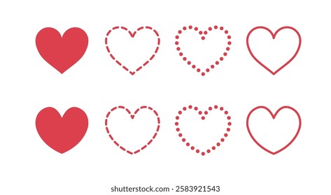 Red hearts icons set. Heart contour and silhouette symbol collection.