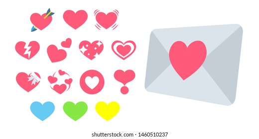 Red hearts icons set. Valentine's day symbols. Envelope with heart
. Vector illustration isolated on white background. EPS 10