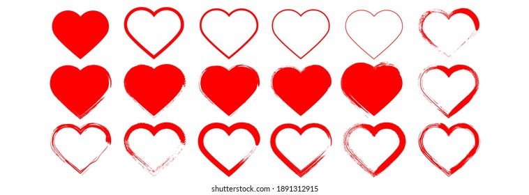 Red hearts icons vector set.Hand drawn hearts for web site, love symbol and Valentine's day.Red hearts isolated on white background.