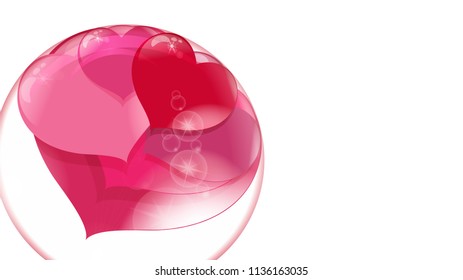 a lot of red hearts inside a transparent ball on a white background soap bubble